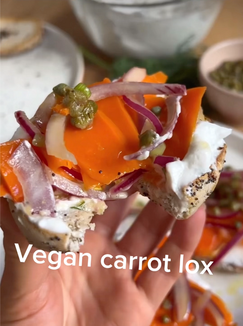 Bagel with vegan carrot lox on top